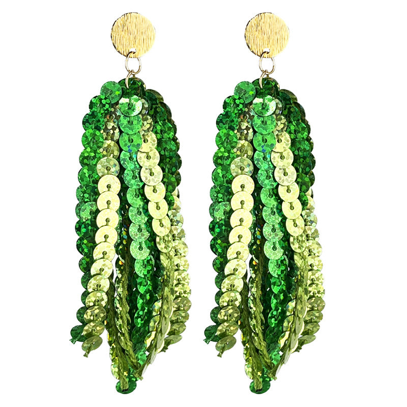Wholesale 2 pairs/pack St. Patrick's Green Sparkling Tassel Metal Stud Earrings ACC-ES-HY225