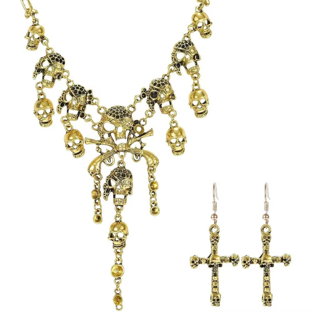 Wholesale  Skull Pirate Fringe Jewelry Set - Ancient Silver Alloy Earrings and Necklace,  Fashion Accessory for Boutique Resale