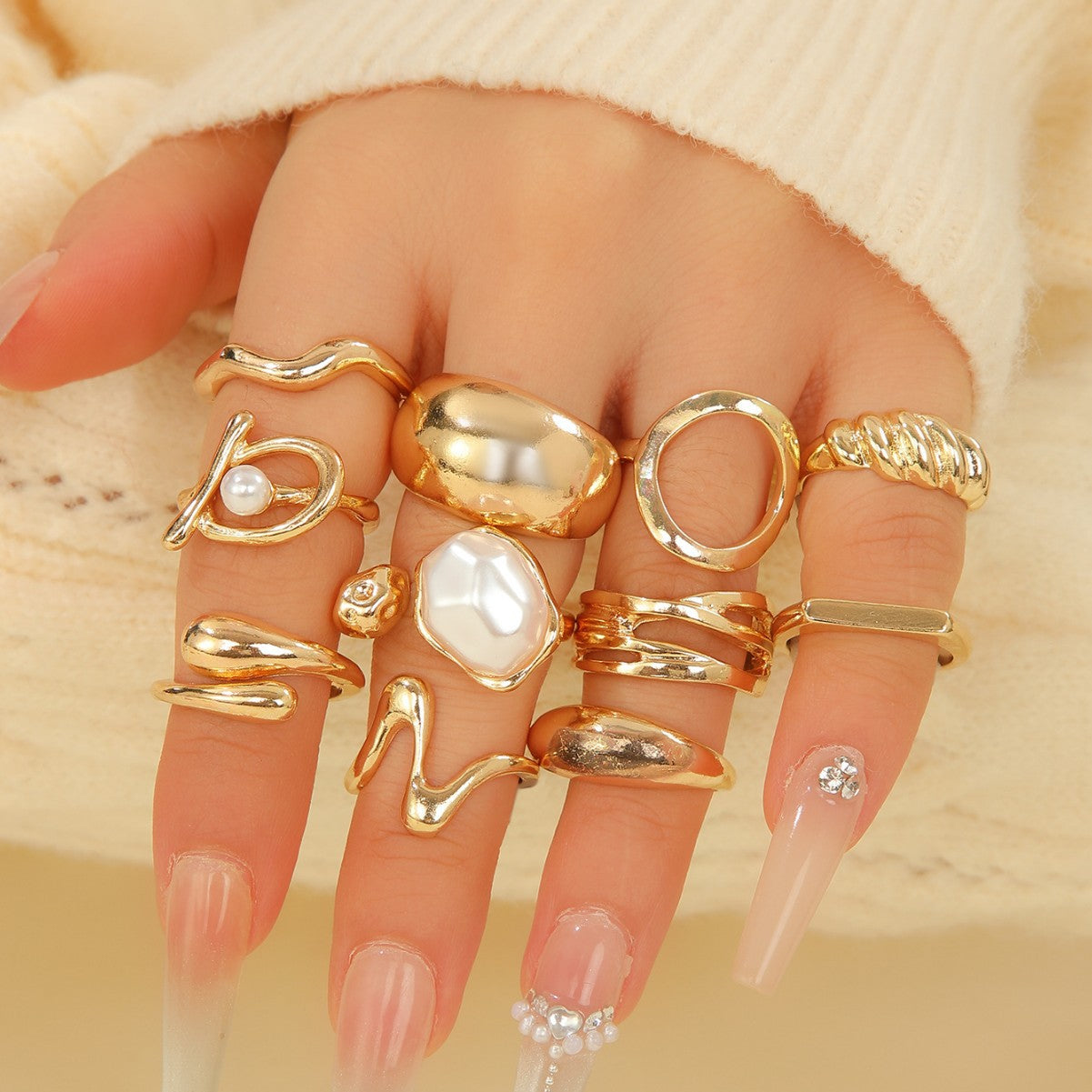 Wholesale Gold Tone Alloy Baroque Irregular Ring Set 11 Piece Fashion Jewelry Accessory For Women Stylish Gift For Everyday Wear