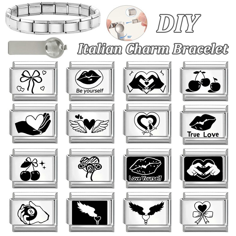 Wholesale Italian Charm Bracelet 9mm DIY Splicing Black and White Lettering Stainless Steel Composable Bracelet
