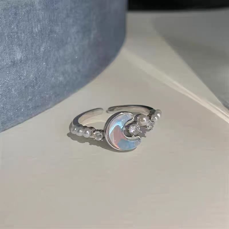 Wholesale Adjustable Lace Pearl Zircon Ring Women Star Moon Glacier Blue Design Open Ring Jewelry Gift Boutique Resale