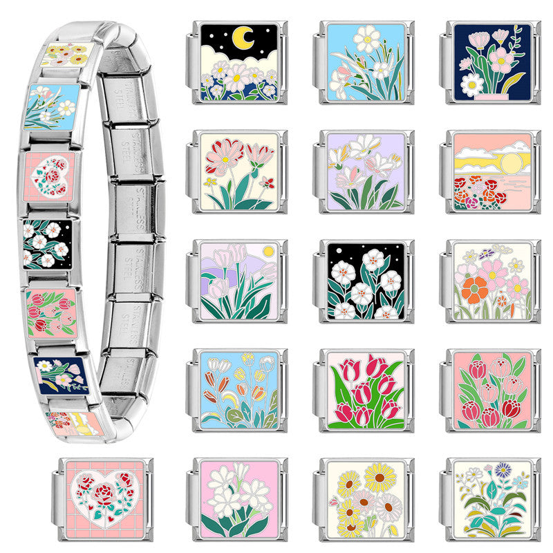 Wholesale Italian Charm Bracelet 9mm DIY Splicing Flowers Stainless Steel Composable Bracelet