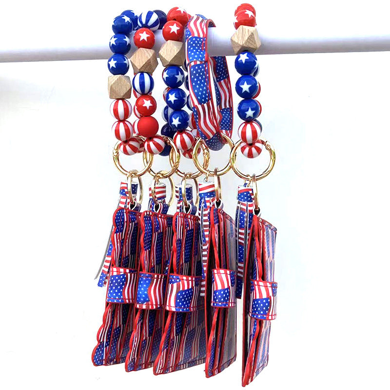 Wholesale American Independence Day Wooden Beads Tassel Wristlet Keychain ACC-KC-QiuXue013
