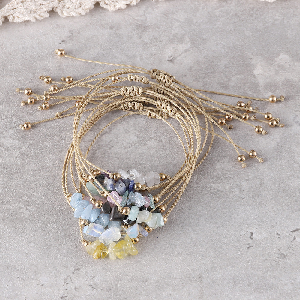 Wholesale Bohemian colorful irregular natural stone gravel adjustable handmade woven bracelet