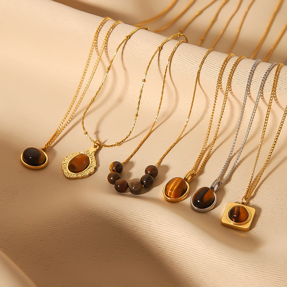 Wholesale  stainless steel 18K gold plated pendant inlaid natural Tiger Eye stone necklace
