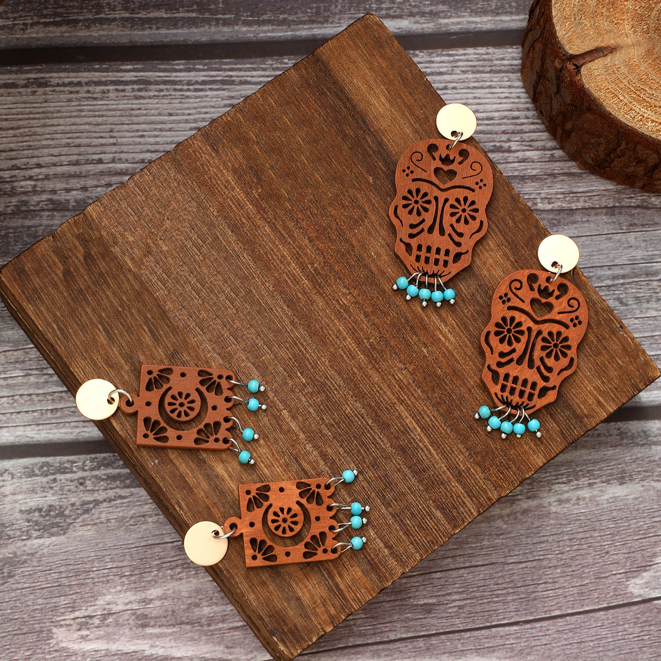 Wholesale  Bohemian Style Butterfly Leaves Skull Hollow Wooden Earrings