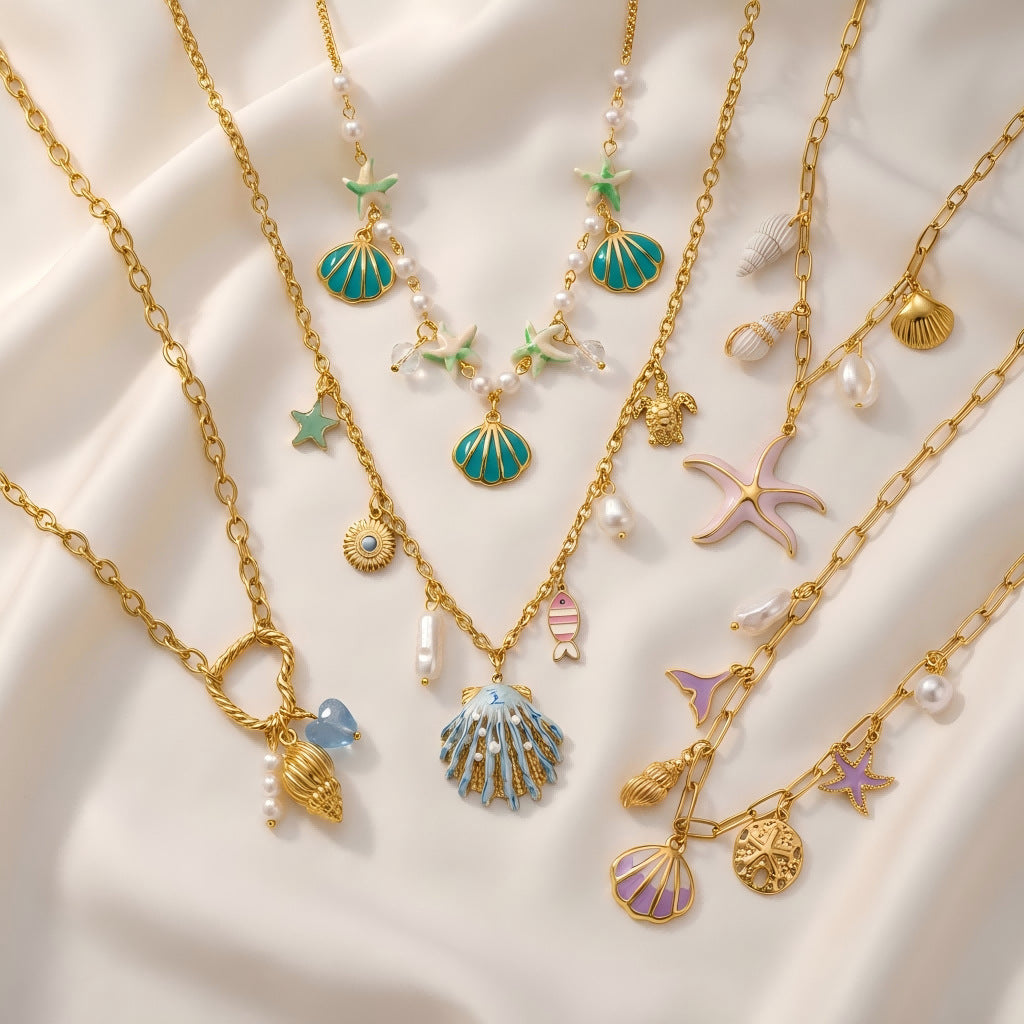 Wholesale Oceanic Resort Style Stainless Steel Necklace with Shells,  Starfish,  and Pearls