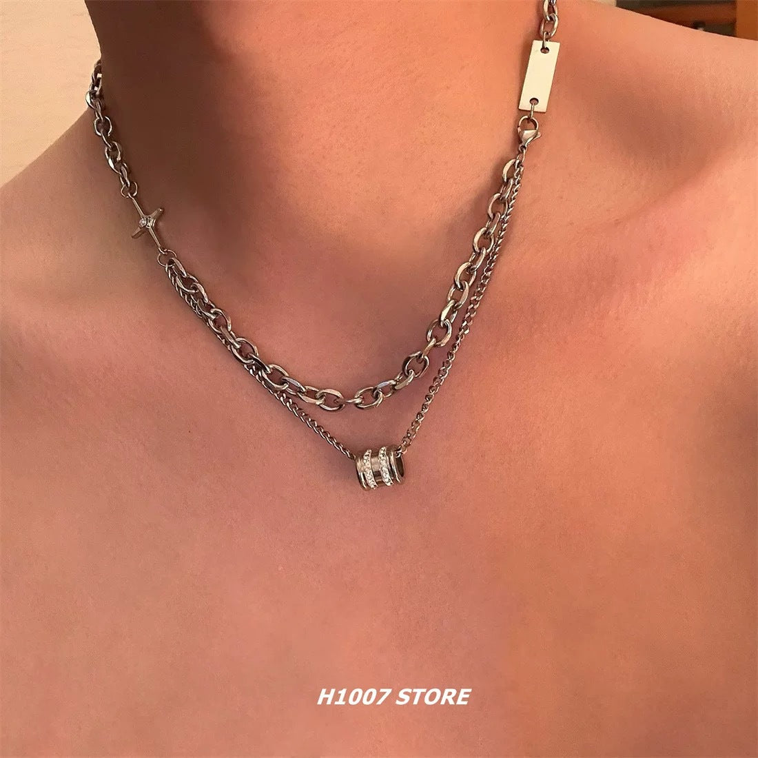 Wholesale Double Layer Titanium Steel Cuban Chain Necklace with Diamond Bead,  Trendy Hip Hop Jewelry Accessory for Men