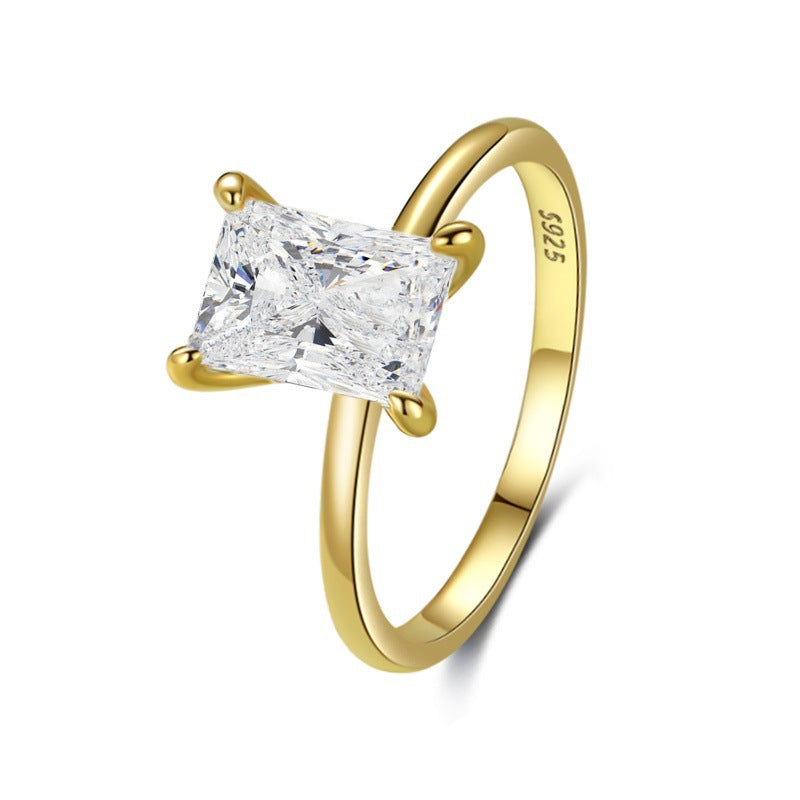 Wholesale  S925 sterling silver ice flower cut ring  luxury zircon square gold-plated ring
