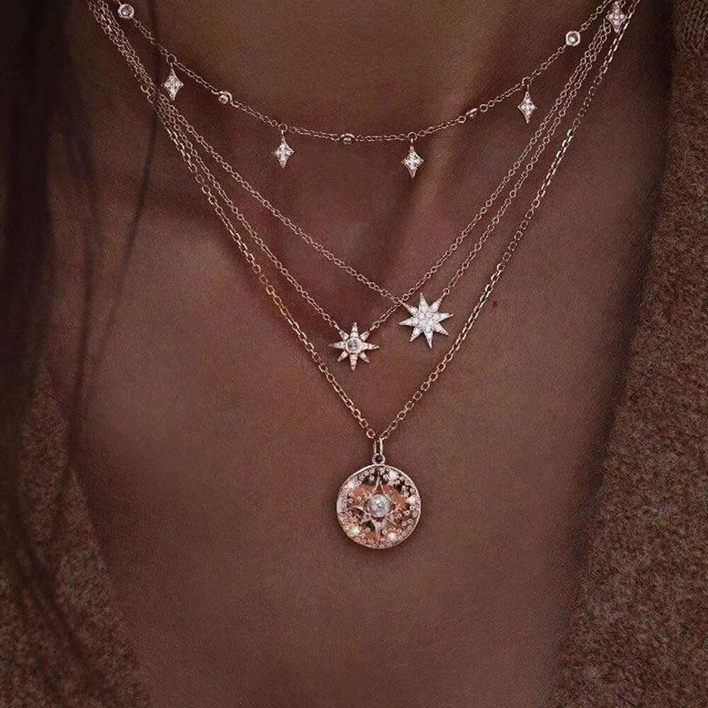 Wholesale Moon Star Double Layer Necklace Delicate Fine Chain
