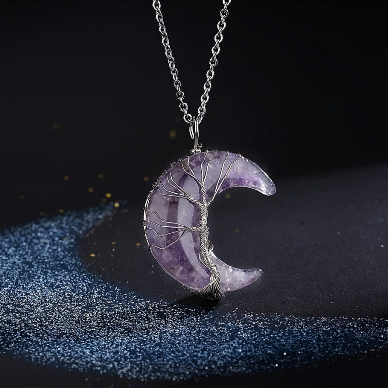 Wholesale Boutique Wire Wrapped Crescent Moon Tree Of Life Amethyst Crystal Necklace Jewelry Accessory