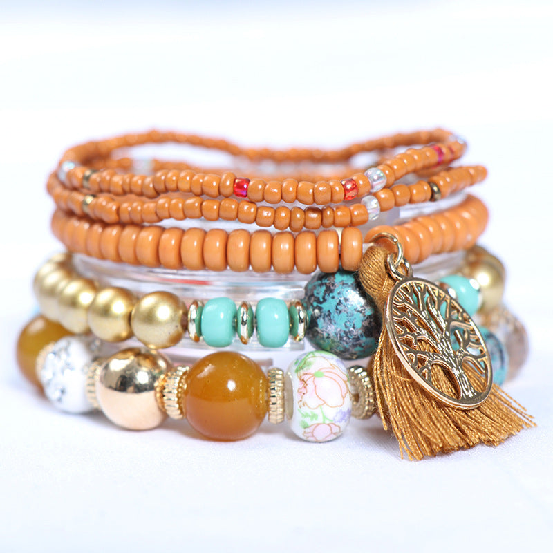 Wholesale bohemian multi-layer tree of life tassel pendant beaded bracelet