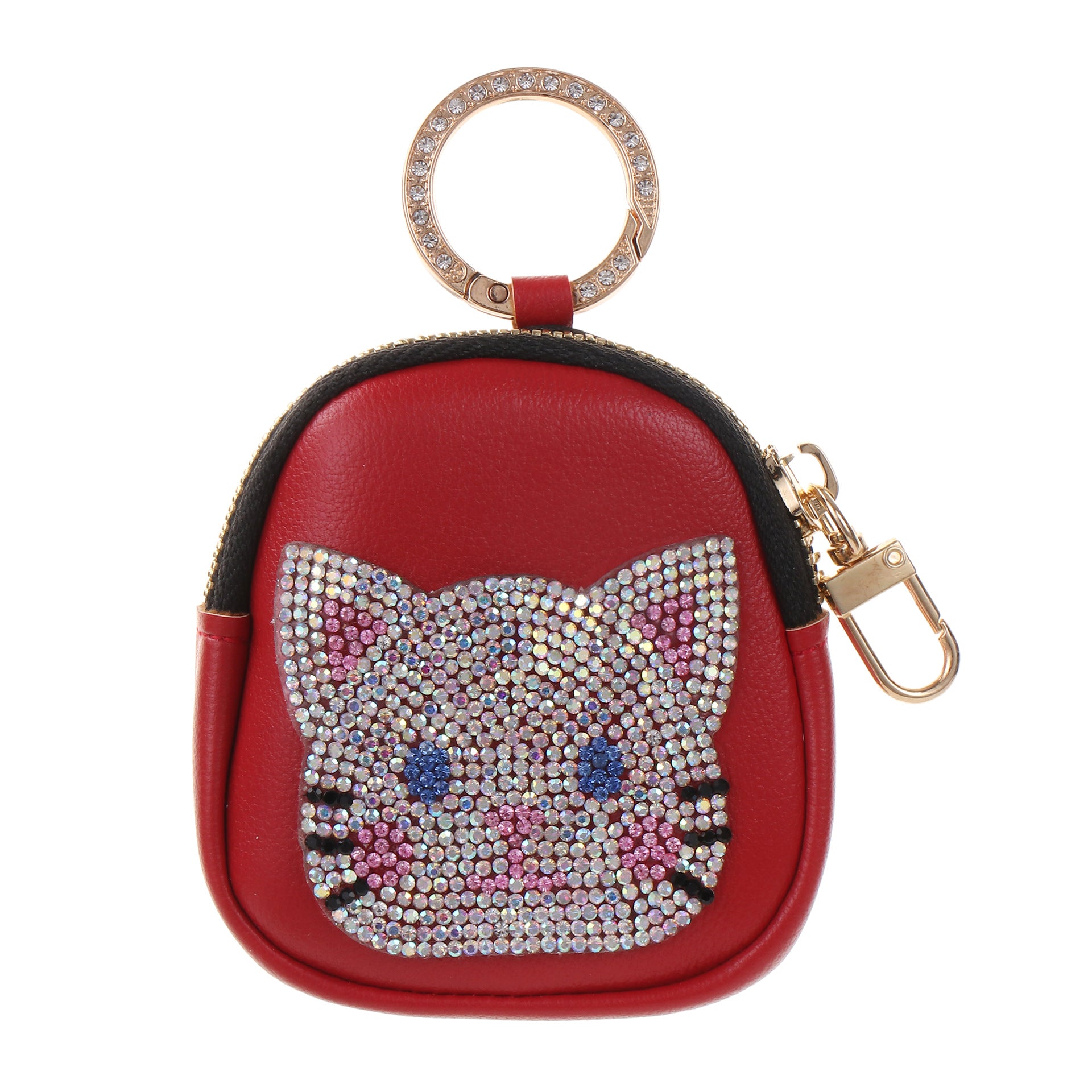 Wholesale Cute Cat Faux Leather Keychain Zipper Pouch Rhinestone Embellished Pink Trendy Wedding Gift Boutique Resale Accessory