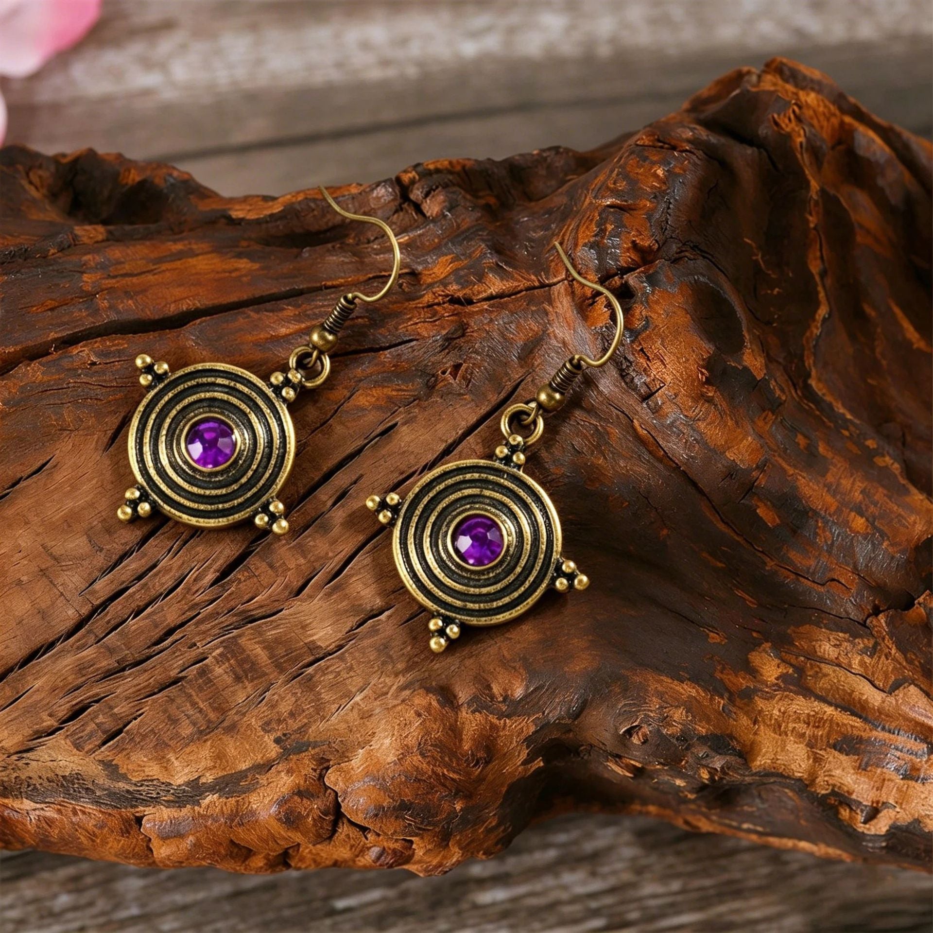Wholesale Retro Gold Sun Cross Earrings with Purple Gemstone,  Party Wear for Women