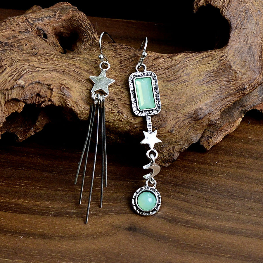 Wholesale Vintage Long Earrings With Star and Moon Motifs and Gemstone Tassels