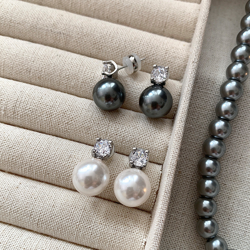 Wholesale Grey Classic Princess Diana Pearl Earrings Light Luxury Diamond-studded Sterling Silver Earrings