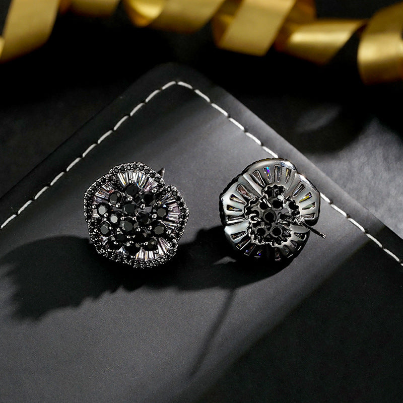 Wholesale Micro-paved Mystical Flower Black Zircon Earrings