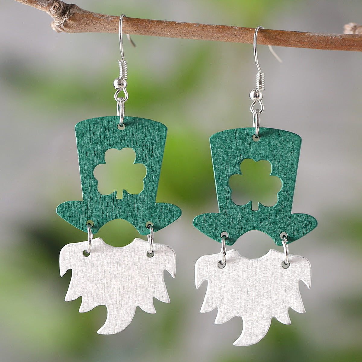 Wholesale St Patrick's Day green hat dwarf beard  LOVE wooden double-sided earrings