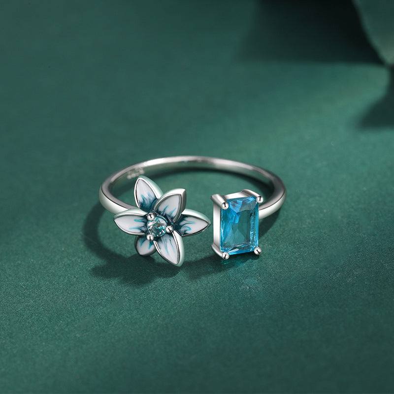 Wholesale Blue Flower Ring 925 Silver Open Adjustable Enamel Ring
