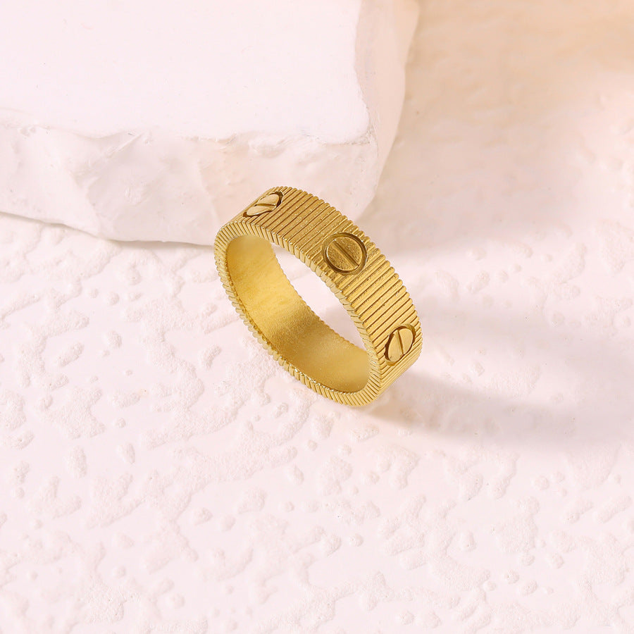 Wholesale Striped screw ring simple gear pattern single-strap stainless steel ring