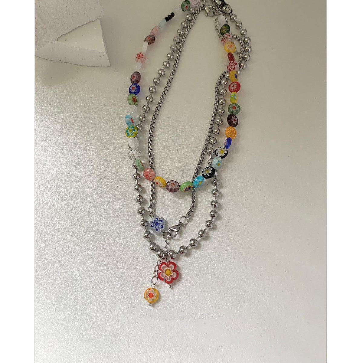 Wholesale Rainbow Glass Flower Stacking Necklace Titanium Steel Necklace ACC-NE-Yuxi010