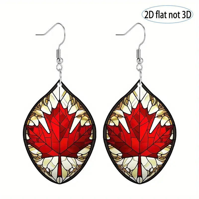 Wholesale Canada Day Oval Red Maple Leaf Acrylic Earrings