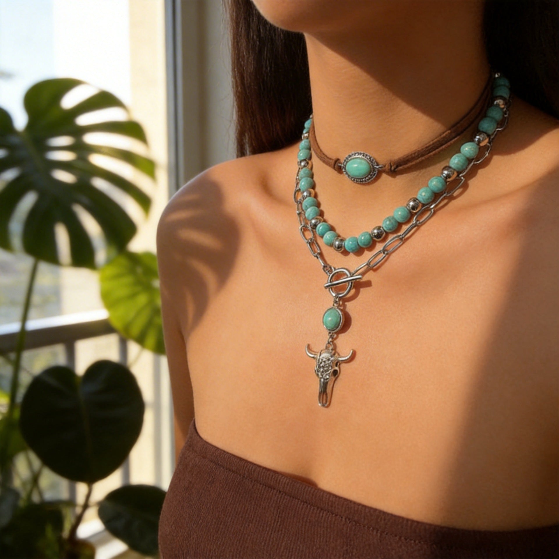 Wholesale Metal Bull Head Pendant Necklace Set with Natural Stone Accents,  Layered Chain,  Fashion Accessory for Women
