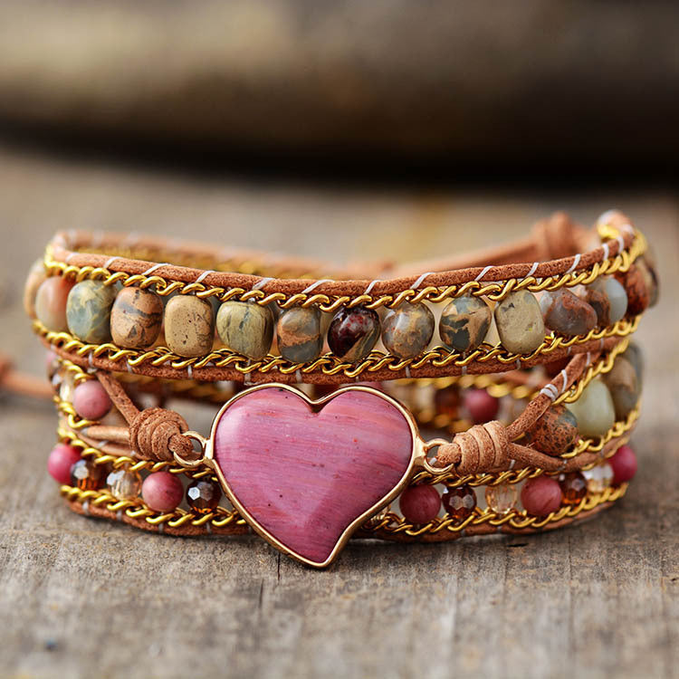 Wholesale Natural Stone Red Grain Heart Shape Hand-woven Three-layer Leather Wrap Bracelets ACC-BT-LZ009