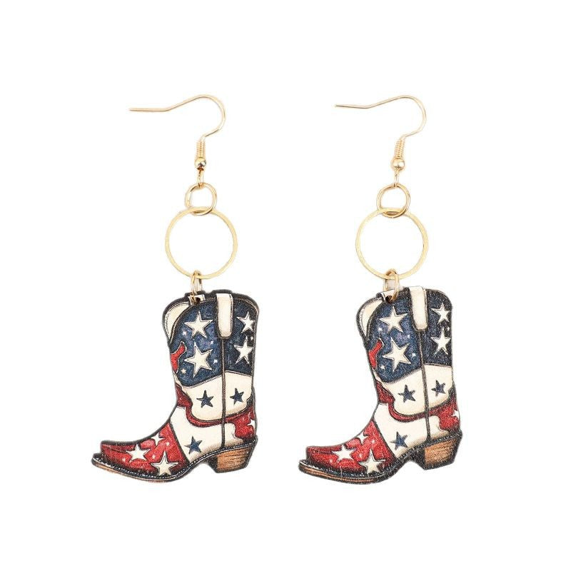 Wholesale American Independence Day Retro Western Boots Five-pointed Star Wooden Earrings