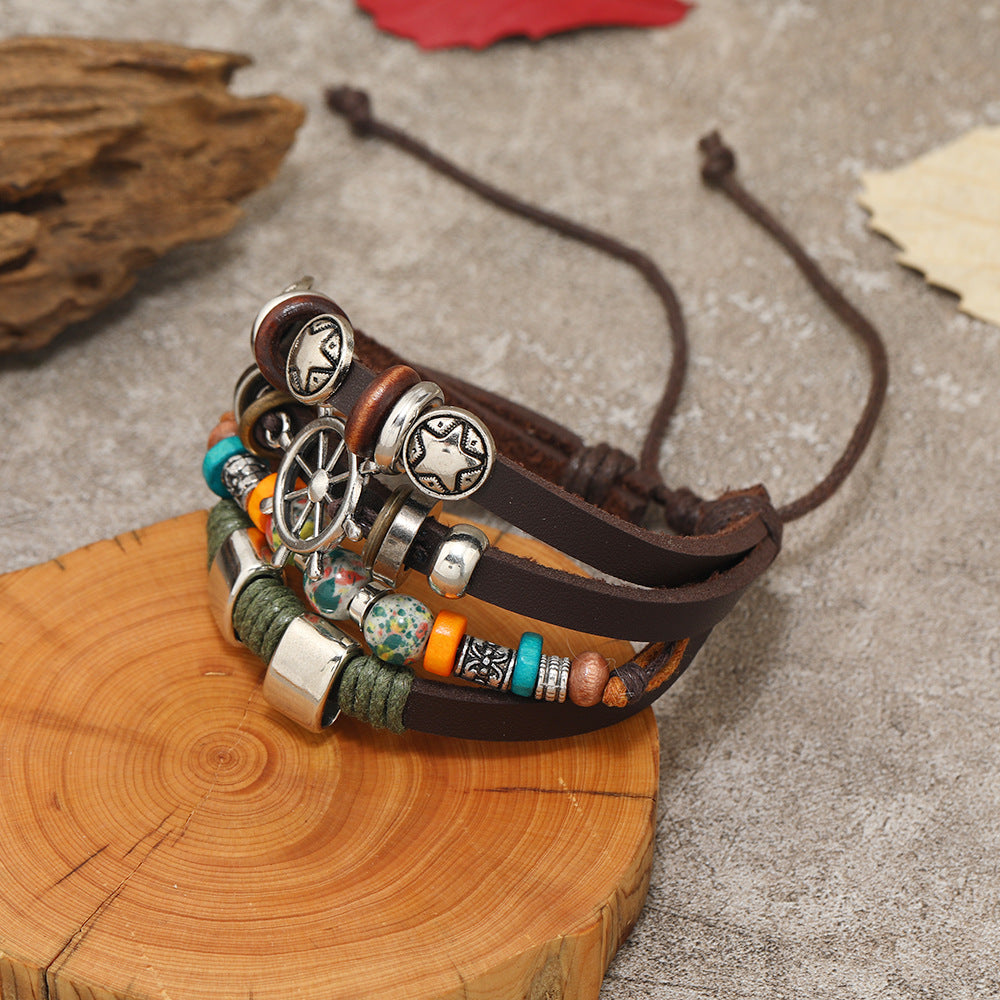 Wholesale 2PCS Leather Ethnic Style Multi-Layer Bracelet