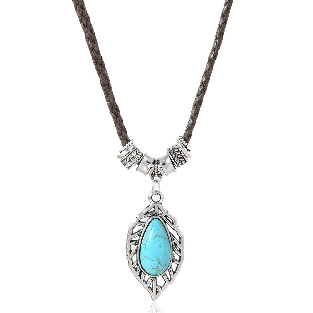 Wholesale Western style openwork leaf turquoise necklace