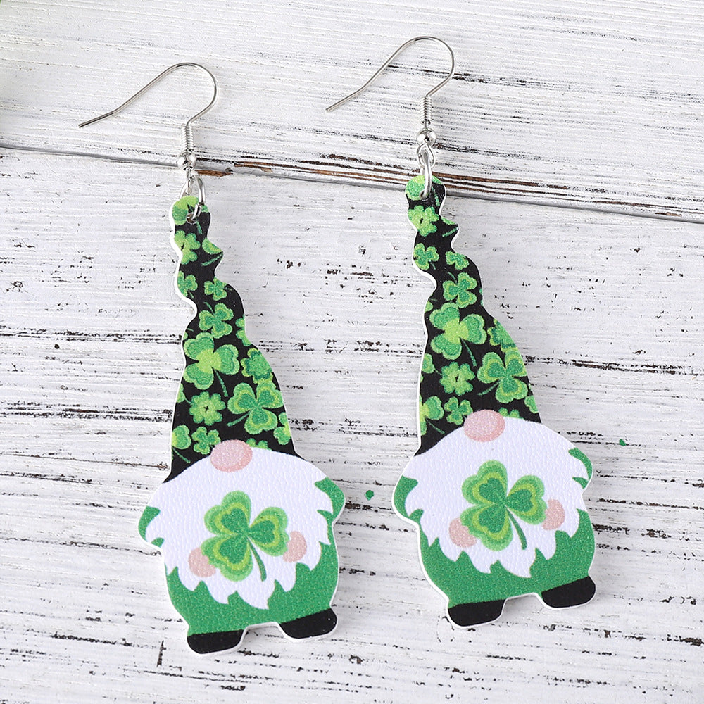 Wholesale St Patrick's Day dwarf beer round drop pendant PU  double-sided earrings