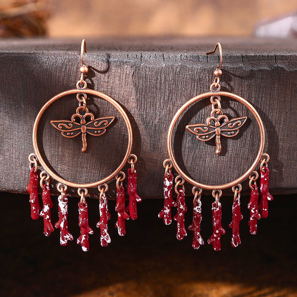 Wholesale Vintage Chinese Style Red Tassel Earrings Long Exaggerated Party Wear Jewelry Accessory