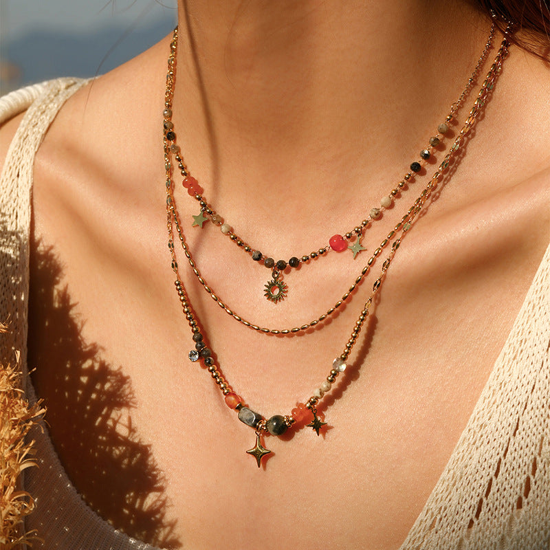 Wholesale Multi-Layered Colorful Natural Stone Titanium Steel Pendant Necklace