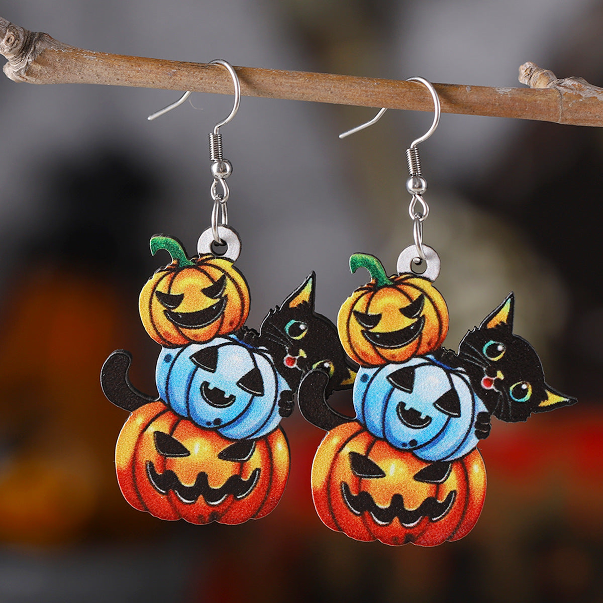 Wholesale Halloween Witch Hat Western Alpine Cow Ghost Face Pumpkin Wooden Earrings ACC-ES-ChuLian043