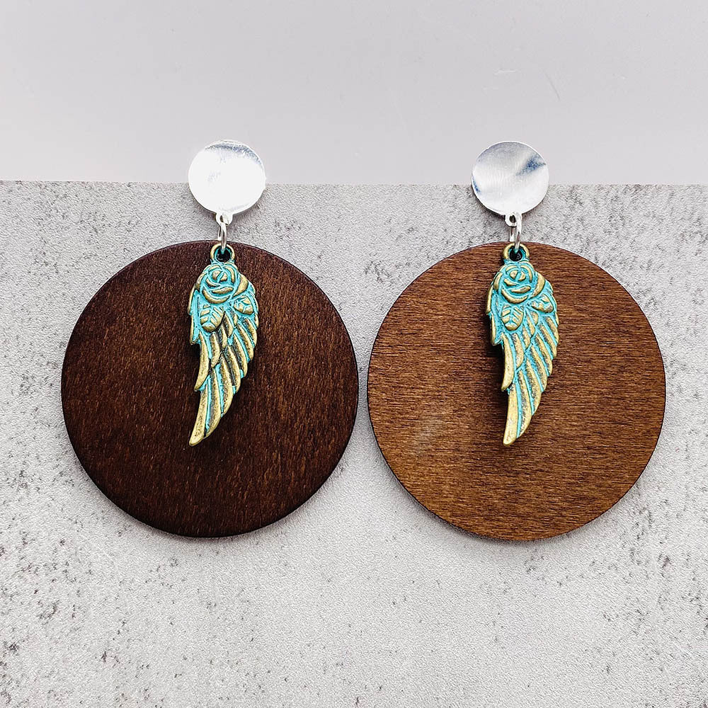 Wholesale Vintage Wooden Cross and Feather Earrings