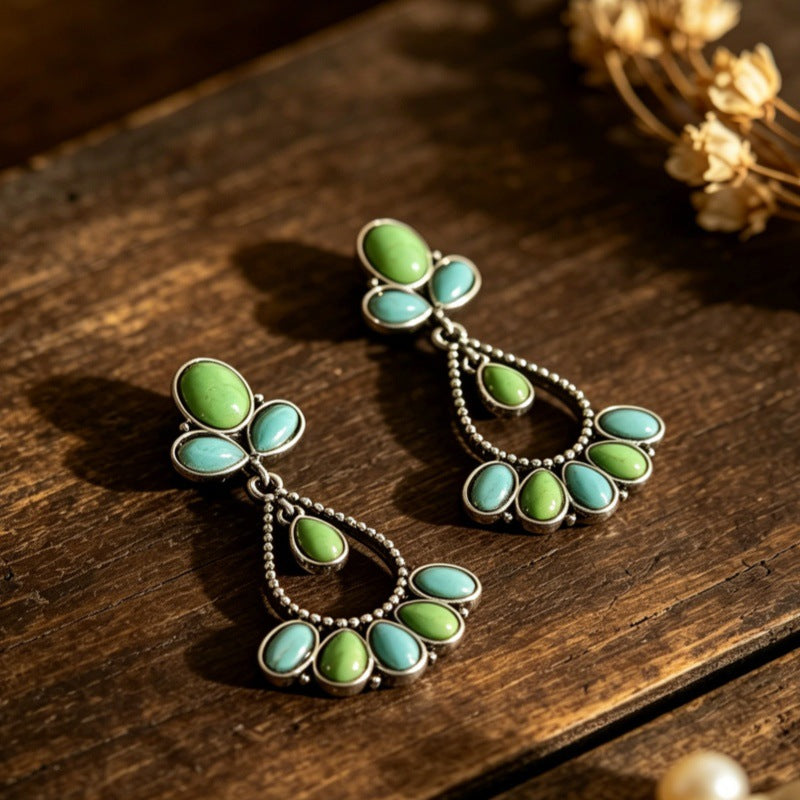 Wholesale Vintage Bohemian Two-Tone Turquoise Teardrop Hollow Earrings Alloy Party Jewelry Accessory