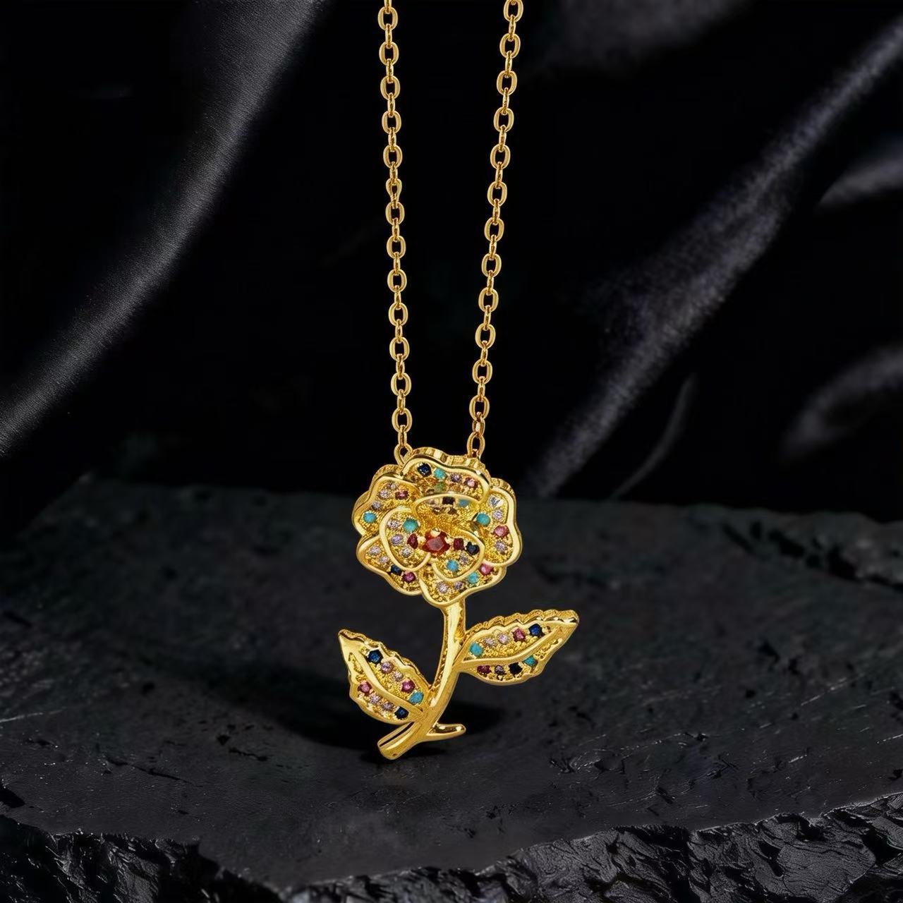 Wholesale Gold Plated Copper Zircon Sunflower Necklace Layering Jewelry For Women Trendy Party Fashion Accessory Everyday Wear Boutique Resale