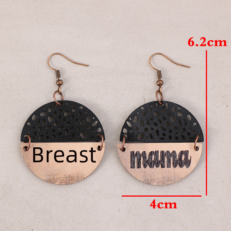 Wholesale Mother's Day retro style wood piece leather combination letter mom round earrings