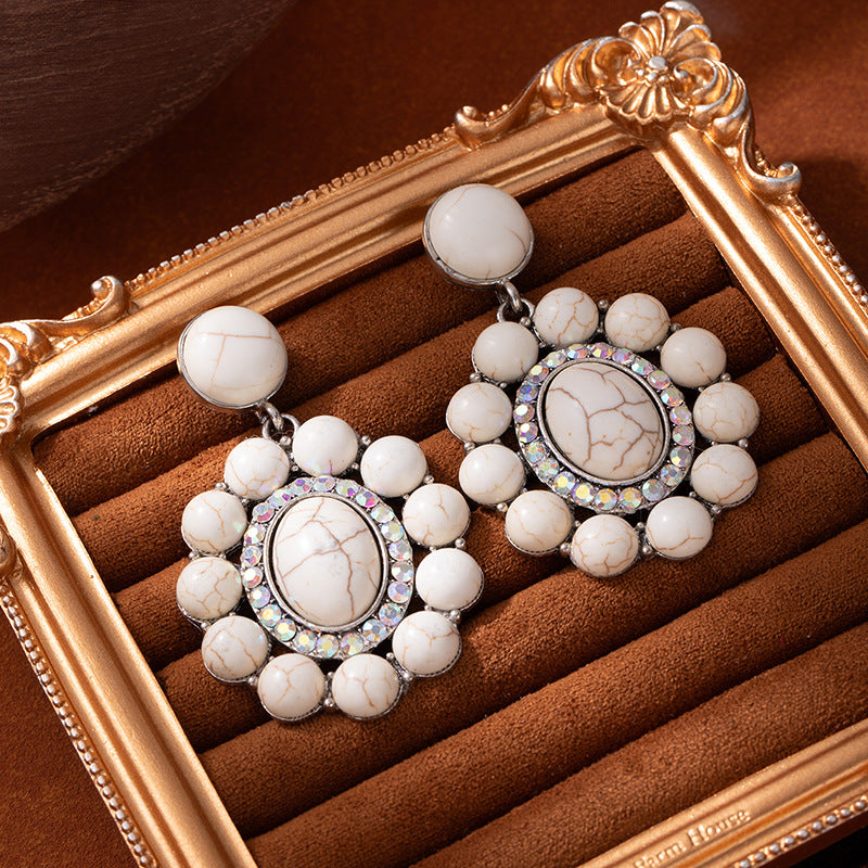 Wholesale Exaggerated earrings for women, personalized turquoise inlaid western style earrings