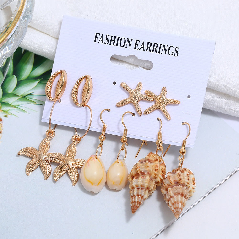 Wholesale Beach Style Golden Shell Starfish Conch Combination Earrings