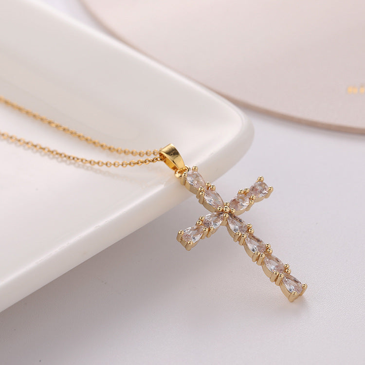 Wholesale Gold Plated Copper Cross Drop Pendant Necklace With Colorful Zircon Stones For Women Everyday Fashion Jewelry