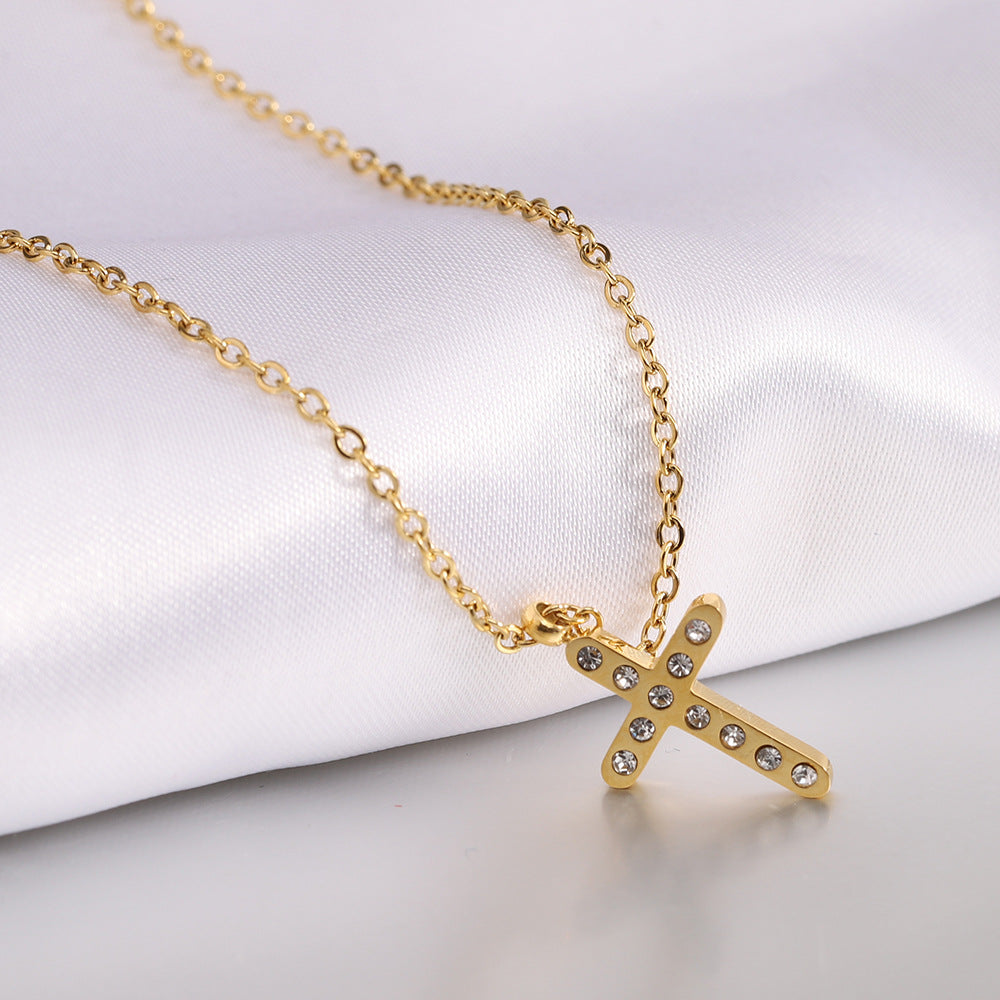 Wholesale 304L Stainless Steel Diamond Cross Clavicle Necklace
