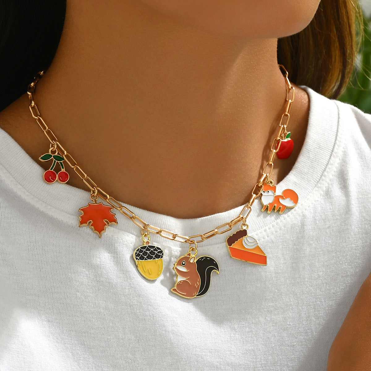 Wholesale squirrel  fox pine cone maple leaf apple dripping oil pendant necklace