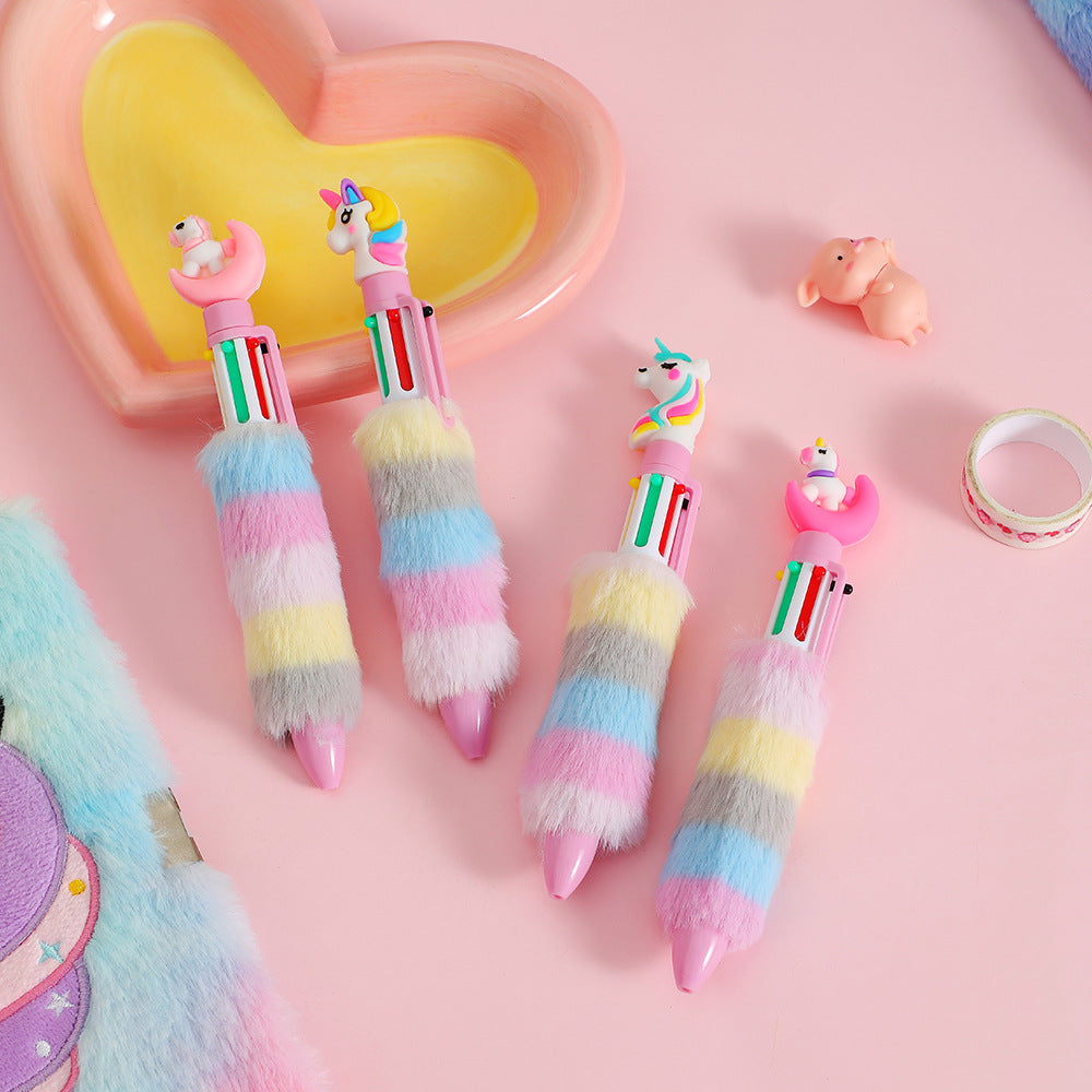 Wholesale Cartoon Unicorn Plush Ballpoint Pen Cute Six-color Push Stationery Notebook Pen ACC-PN-SuManshu001