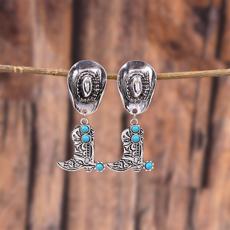Wholesale Retro Western Cowboy Boots Hat Pendant Earrings Zinc Alloy Electroplated Fashion Jewelry Accessory