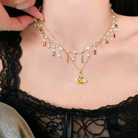 Wholesale Colorful Zircon Saturn Necklace for Women,  Dopamine Stacking Collarbone Chain,  High-End Neck Chain for Summer