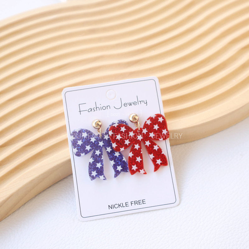 Wholesale American Independence Day Red White Blue Bow Star Printed Earrings