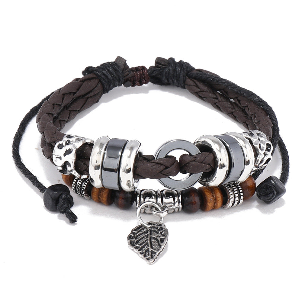 Wholesale Multi-layer Braided Leaves Pendant Men's Bracelets Leather Bracelets Layered Bracelet Set ACC-BT-PK017