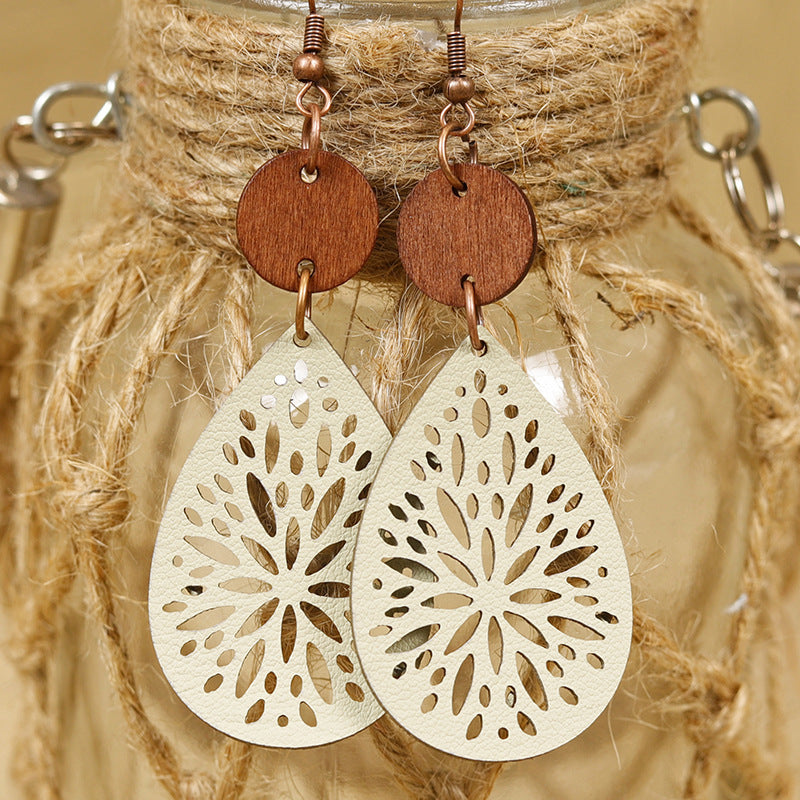 Wholesale  Bohemian Style  Retro Hollow Water Drop Wooden Leather Earrings